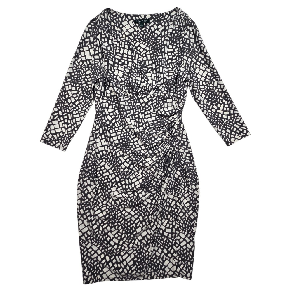 Lauren Ralph Lauren Dress Womens 12 Black White Faux Wrap Ruched Geometric Midi